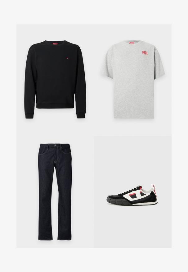 Zwarte sweatshirt gemaakt van zachte stof, met een ronde hals en lange mouwen. Klein rood logo bij de borst. Geribbelde boorden en zoom.; Grijs katoenen T-shirt met een ronde hals en korte mouwen. Voorzien van een klein rood "DIESEL" logo op de borst. Soepele textuur.; Donkerblauwe denim jeans met een recht silhouet, voorzien van de gebruikelijke vijf zakkenstijl en contrasterende stiksels met een knoopsluiting.; Diesel S PAGODHA LOW - Sneakers laag - black