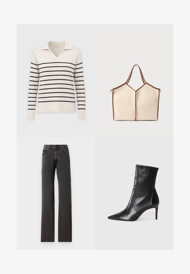 Pull à manches longues crème avec des rayures horizontales noires, un col en V et des poignets et ourlet côtelés.; Jean noir à jambe droite avec poches avant, passants de ceinture, fermeture à bouton et coutures visibles sur un fond blanc.; Bottes noires à la cheville en cuir lisse, dotées d'un bout pointu, d'un tige ajustée et d'un talon haut fin. Design minimaliste sans quincaillerie visible.; Sac cabas beige avec garniture et poignées marron, présentant un design géométrique structuré et un tissu texturé.