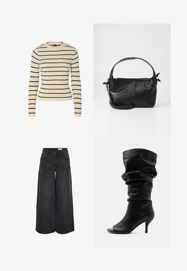 Pull crème côtelé avec des rayures horizontales noires, col rond et manches longues. Présente un design ajusté et une texture sans couture.; Pantalons en denim noir à jambes larges avec taille haute, poches avant et texture subtile ; conçus pour un ajustement décontracté.; Botte en cuir noire jusqu'au milieu du mollet, ample, avec bout ouvert et talon haut et fin sur fond gris clair uni.; Sac à main en cuir noir au design structuré, avec une poignée arrondie et une bandoulière amovible. Présente une texture lisse et un éclat subtil.