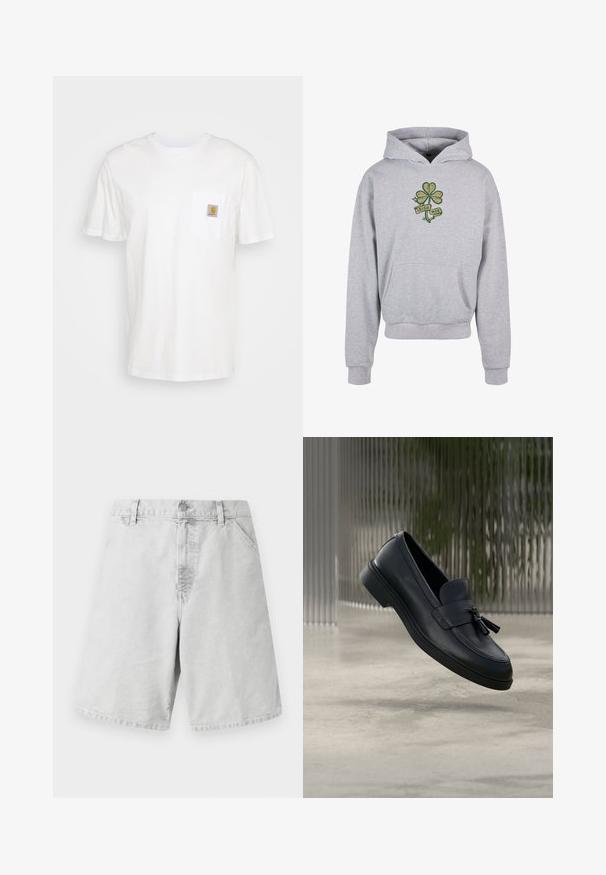 Grå hætte sweatshirt lavet af en bomuldsblanding med en frontlomme. Har et grønt shamrock-logo og "IRISH MOB" i et bånd nedenfor.; Hvid bomulds T-shirt med korte ærmer, en brystlomme, og et lille firkantet logo patch i orange og hvid på lommen.; Lys grå bomuldsshorts med klassisk pasform, der har lynlås, bæltestropper og sidelommer. Glat tekstur med enkelt design.; Sorte læderloafers med en glat tekstur, en rundet tå og dekorative kvaster foran. Fleksibel gummisål med lav hæl.
