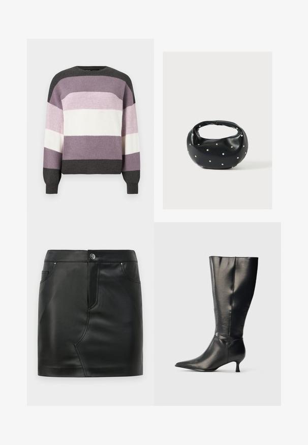 Suéter de punto con rayas horizontales en gris oscuro, gris claro, lavanda y blanco; cuello redondo y puños de canalé.; Mini falda de imitación cuero negra con botones frontales, cierre de cremallera, bolsillos delanteros y traseros, y detalles de costura.; Bota negra de cuero hasta la rodilla, con punta afilada y tacón bajo tipo kitten, mostrada sobre un fondo claro y sencillo.; Bolso de mano de cuero negro con forma redondeada, decorado con detalles de tachuelas plateadas y un asa corta. Textura lisa y cierre con cremallera.