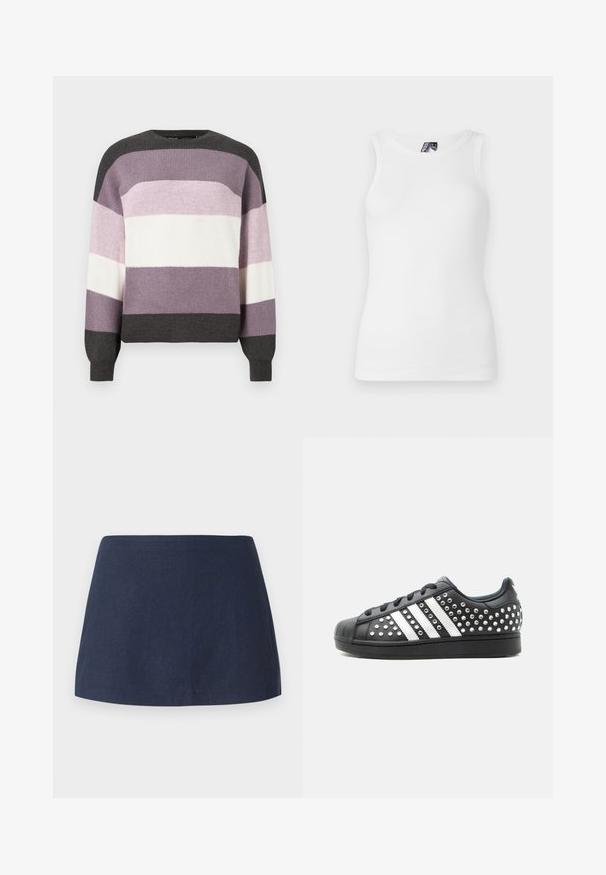 Strikket sweater med vandrette striber i mørkegrå, lys grå, lavendel og hvid; rund halsudskæring og ribbede manchetter.; Hvid ribbet tanktop med rund halsudskæring og ærmeløst design, lavet af en blød bomuldsblanding med en tætsiddende silhuet.; Mørkeblå, kort A-line nederdel lavet af et tekstureret, letvægtsstof med en glat talje og uden mønstre eller dekorationer.; Sort lav sneakers med hvide striber, sorte snørebånd, gummiskal tå og sølvnitter, der dækker den øverste og hæl del.