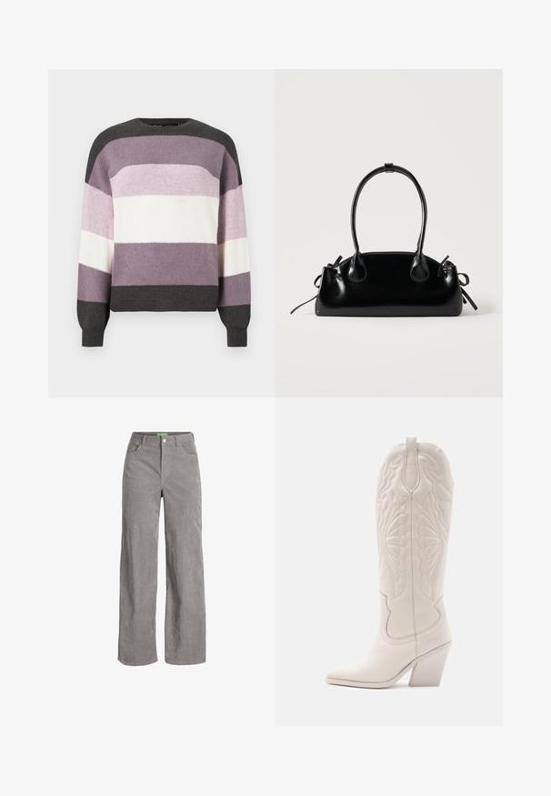 Strikket sweater med vandrette striber i mørkegrå, lys grå, lavendel og hvid; rund halsudskæring og ribbede manchetter.; Grå fløjl bredbenede bukser med knaplukning og bæltestropper. Har to sidelommer og et blødt, tekstureret stof.; Hvide læder cowboystøvler med spidse tæer og blokhæle. Har intrikate syninger på skaftet og en glat tekstur.; Lille sort blank håndtaske med to lange håndtag og snøre-detaljer i siden på en ensfarvet lys baggrund.