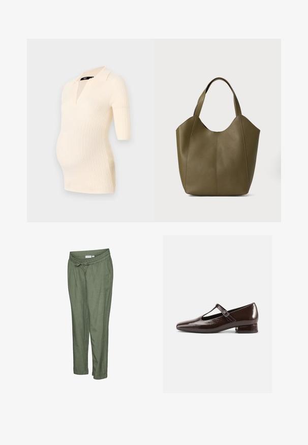 Haut de maternité crème côtelé à manches courtes et col polo, conçu pour s'adapter confortablement à un ventre en croissance.; Pantalon léger de couleur vert olive avec une coupe décontractée. Caractérisé par une taille élastique avec cordon de serrage, des ourlets retroussés et des poches latérales.; Chaussures Mary Jane en cuir verni marron avec un bout arrondi, un design ajouré et une bride réglable. Talon bas bloc.; Sac fourre-tout en cuir vert olive avec double poignée, texture lisse et design à quatre panneaux. Coutures renforcées le long des joints pour plus de durabilité.