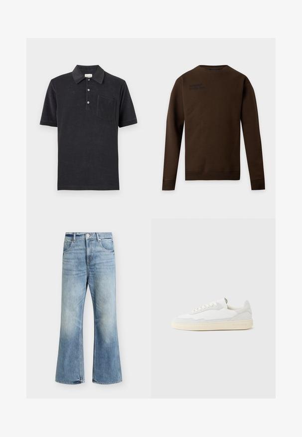 Sweat-shirt marron à manches longues et col rond avec un texte noir discret sur le haut gauche de la poitrine, poignets et ourlet côtelés, présenté sur fond blanc.; Polo noir à manches courtes avec trois boutons blancs et une poche poitrine, posé à plat sur un fond neutre.; Jean bleu clair taille haute jambe large, fermeture devant par bouton et zip, deux poches avant et délavage subtil sur les cuisses et les genoux.; Baskets blanches avec dessus en daim et cuir texturé. Caractérisées par un bout arrondi, une fermeture à lacets et une semelle en caoutchouc beige contrastante.
