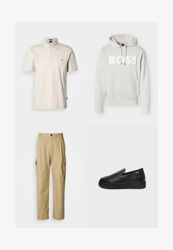 Sweat à capuche gris clair avec poche kangourou à l'avant, capuche à cordon ajustable, poignets et ourlet côtelés, et grand logo blanc "BOSS" sur la poitrine.; Polo beige en coton avec col classique, patte de boutonnage à trois boutons et petit logo brodé sur la poitrine gauche. Manches courtes.; Pantalon cargo beige en tissu résistant, avec une coupe décontractée, des poches latérales et une fermeture par bouton à la taille.; Chaussure noire en cuir à enfiler avec semelle épaisse et petits trous de ventilation latéraux, avec un logo doré "HUGO" près du talon.