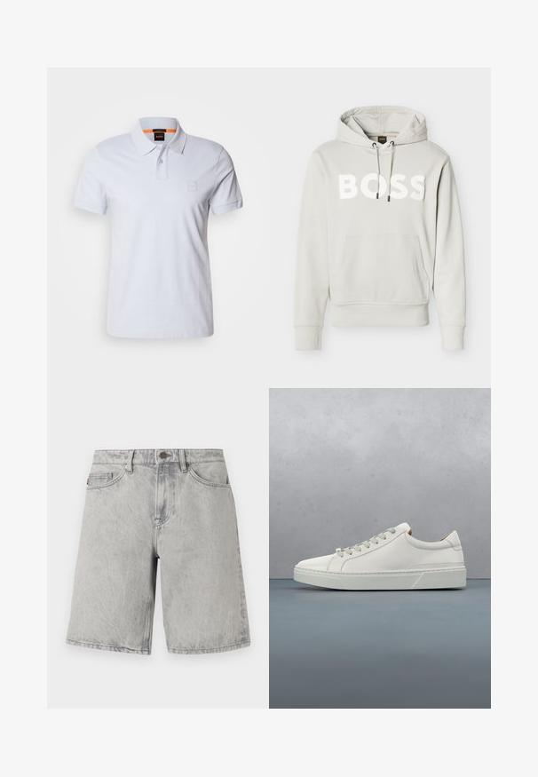Hellgrauer Hoodie mit Fronttasche, verstellbarem Kordelzug an der Kapuze, gerippten Bündchen und Saum sowie einem auffälligen weißen "BOSS"-Logo auf der Brust.; Weißes Poloshirt mit Kragen, kurzen Ärmeln und dezentem Logo-Patch. Aus Baumwolle gefertigt, mit glatter Textur und klassischem Design.; Hellgraue Jeansshorts mit Knopf- und Reißverschluss, Gürtelschlaufen und Vordertaschen, vor weißem Hintergrund dargestellt.; Weißes Leder-Sneaker mit abgerundetem Zehenbereich, minimalistisches Design, graue Schnürsenkel und einer strukturierten grauen Gummisohle. Dezente Nähte sichtbar.