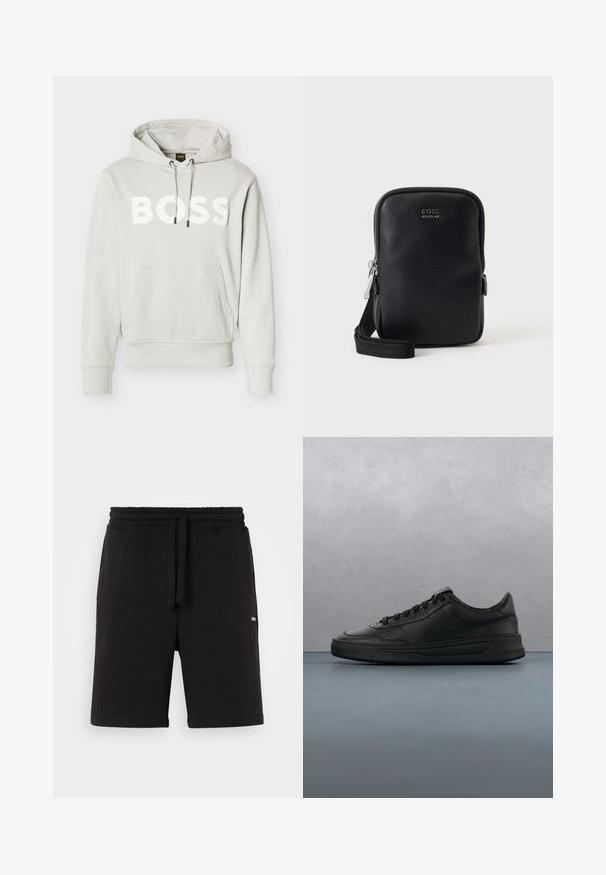 Hellgrauer Hoodie mit Fronttasche, verstellbarem Kordelzug an der Kapuze, gerippten Bündchen und Saum sowie einem auffälligen weißen "BOSS"-Logo auf der Brust.; Schwarze Baumwollshorts mit elastischem Bund und Kordelzug. Verfügt über seitliche Taschen und ein kleines Logo auf der Vorderseite. Glatte Textur.; Schwarze Sneaker mit glattem Lederobermaterial, runder Zehenpartie, flachen Schnürsenkeln, gepolstertem Kragen und minimalistischem Design. Gummisohle mit subtiler Profilierung.; Schwarze, strukturierte Ledercrossbody-Tasche mit silbernem Reißverschluss und "BOSS" Logo vorne, vor einem schlichten hellen Hintergrund gezeigt.