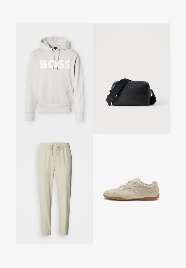 Sweat à capuche gris clair avec poche kangourou à l'avant, capuche à cordon ajustable, poignets et ourlet côtelés, et grand logo blanc "BOSS" sur la poitrine.; Pantalon beige fuselé avec une taille élastique et un cordon de serrage. Tissu lisse avec poches latérales et coupe décontractée, se resserrant aux chevilles.; Baskets en daim beige avec une semelle en caoutchouc, présentant un design épuré et des coutures ton sur ton. Logo embossé sur le côté près des lacets.; Sac bandoulière en cuir noir texturé avec poche avant zippée et bandoulière large en tissu réglable sur fond blanc.