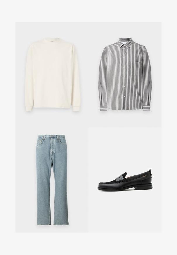 Langermige, ribgebreide top in gebroken wit met een ronde hals en fitted mouwen, met een ontspannen silhouet.; Grijs en witte gestreepte lange mouwen shirt met een button-down kraag, voorzien van een borstzak en gestructureerde stof.; Lichtblauwe denim jeans met een hoge taille, brede rechte pijpen en eenvoudige stiksels. Heeft vijf zakken en een klassieke knoopsluiting.; Zwarte leren loafer met grijs riemdetailelement, lage hak en gestructureerde zool, aan de zijkant gebrandmerkt met "HUGO" in goud.