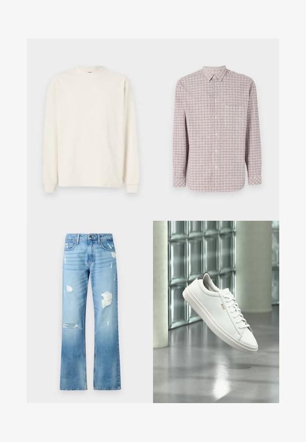 Top de punto acanalado de manga larga en color blanco roto con cuello redondo y puños ajustados, que presenta una silueta relajada.; Camisa de manga larga abotonada en rosa claro con un patrón cuadrado texturizado. Tejido de algodón, cuello clásico y cierre de botones.; Vaqueros de mezclilla azul claro con un diseño de pierna recta, que presentan detalles desgastados y un acabado desvaído. Incluyen un botón de metal y cinco bolsillos.; Zapatilla deportiva de piel blanca de corte bajo con cordones, lengüeta negra en el talón y logo "BOSS", flotando en interiores cerca de una pared de bloques de vidrio y suelo pulido.
