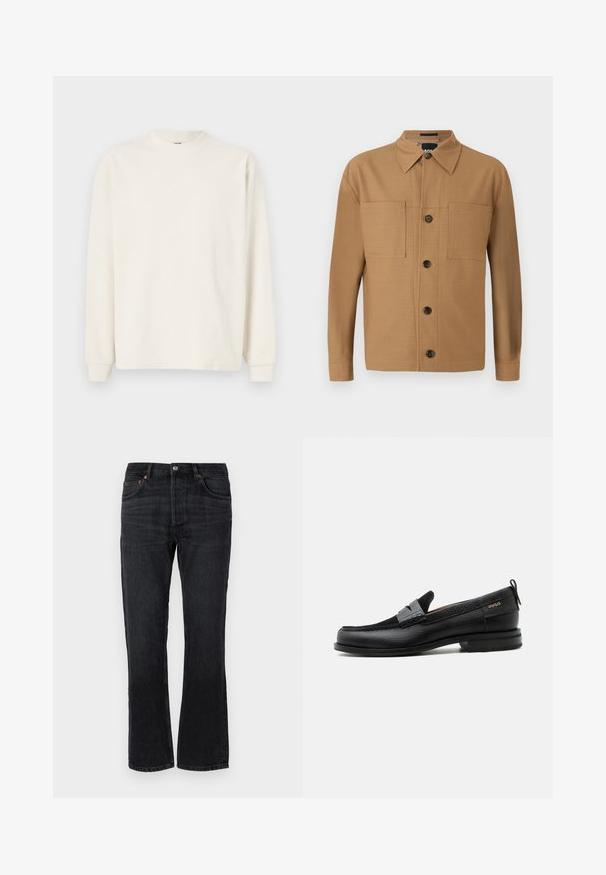 Haut en tricot à manches longues et à côtes, de couleur blanc cassé, avec un col rond et des poignets ajustés, présentant une silhouette décontractée.; BOSS CRAIG - Chemise - medium beige; Jeans en denim noir avec une coupe droite, cinq poches et des accents de couture orange. Texture lisse et détails de décoloration minimal.; Mocassin en cuir noir avec détail de bride grise, talon bas et semelle texturée, marqué "HUGO" en or sur le côté.