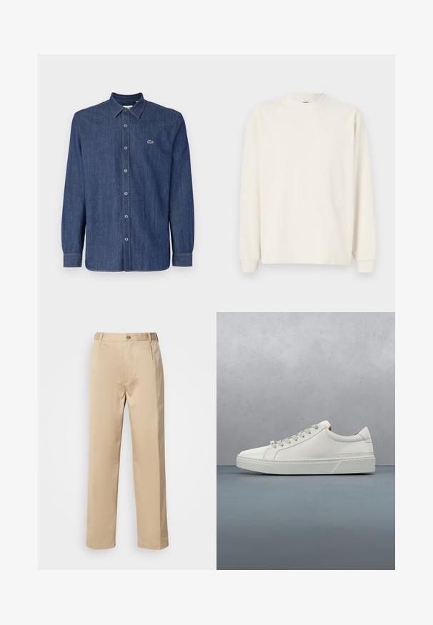 Haut en tricot à manches longues et à côtes, de couleur blanc cassé, avec un col rond et des poignets ajustés, présentant une silhouette décontractée.; Chemise en denim bleu foncé à manches longues, dotée d'un col boutonné, de boutons à l'avant et d'un petit logo vert sur la poitrine.; Pantalons beiges en tissu léger, avec une coupe droite, une taille avec passants de ceinture et une fermeture à bouton sur le devant.; Baskets en cuir blanc avec un bout arrondi, design minimaliste, lacets gris et semelle en caoutchouc gris texturé. Détails de couture subtils visibles.