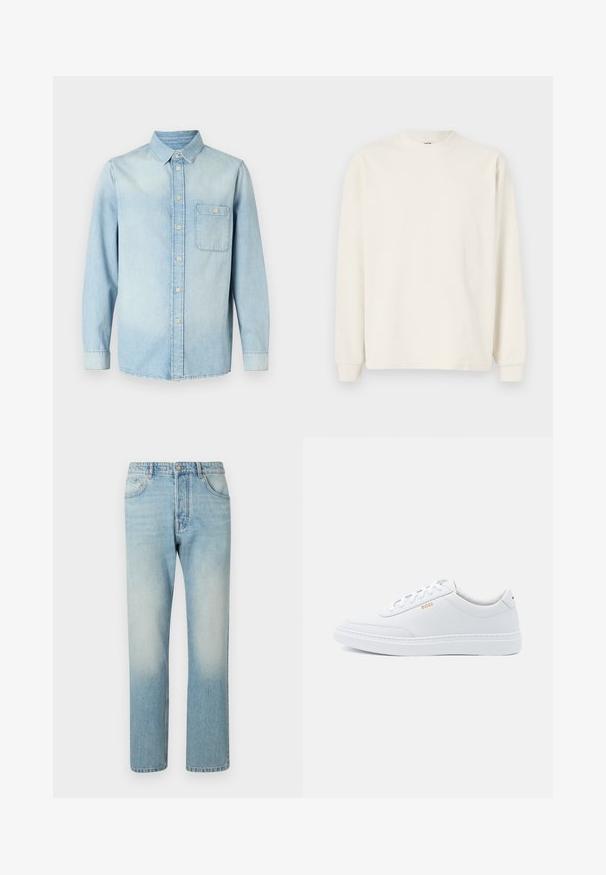 Haut en tricot à manches longues et à côtes, de couleur blanc cassé, avec un col rond et des poignets ajustés, présentant une silhouette décontractée.; Chemise en denim bleu clair à manches longues, avec un devant à boutons, un col et une poche poitrine unique. Texture lisse et design classique.; Jeans bleu clair fabriqués en denim, présentant un design à jambe droite, une structure à cinq poches et un effet délavé au niveau des cuisses.; Baskets blanches en cuir avec une texture lisse, bout rond et coutures tonales. Possède des lacets bleus et un logo doré sur le côté.
