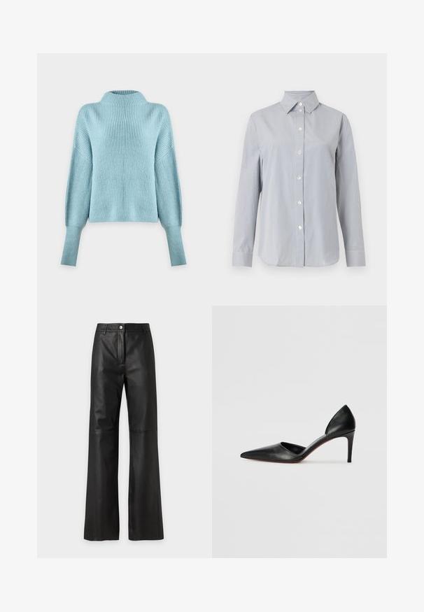 Jersey de punto azul claro con cuello alto, mangas largas caídas y textura acanalada sobre un fondo blanco liso.; Camisa de manga larga gris claro con delgadas rayas verticales blancas, cierre de botones en la parte delantera, cuello puntiagudo y puños a juego sobre fondo liso.; Pantalones negros de cuero sintético de cintura alta con piernas anchas, cierre de botón y cremallera, y trabillas para cinturón sobre un fondo claro y liso.; Zapatos de tacón alto de cuero negro con punta afilada, lados abiertos y una silueta elegante. Presentan un tacón delgado y un acento en la suela roja.