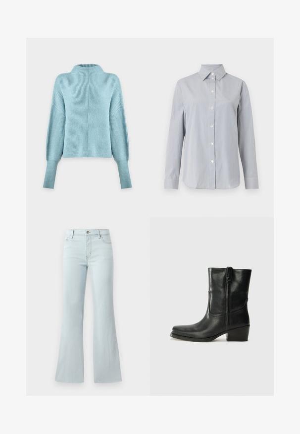 Lyseblå strikket sweater med høj hals, lange faldende ærmer og ribstrikket struktur på en ensfarvet hvid baggrund.; Langærmet lysegrå skjorte med tynde, lodrette hvide striber, knappet front, spids krave og matchende manchetter på ensfarvet baggrund.; Lyseblå flared jeans lavet af denim. Har et klassisk fem-lomme design og en frontknaplukning. Glat tekstur hele vejen igennem.; Sort læder ankelstøvle med rundt tå, blokhæl, lynlås i siden og stikninger på vampsiden. Glat tekstur, klassisk design.