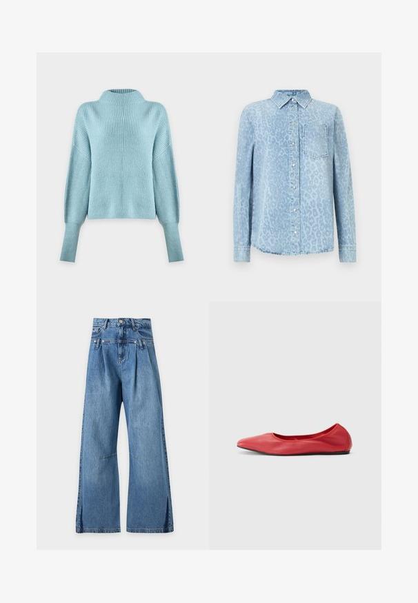 Pull tricoté bleu clair avec un col montant, des manches longues tombantes et une texture côtelée sur un fond blanc uni.; Chemise en denim bleu clair avec motif léopard, col, manches longues, fermeture boutonnée à l'avant et une poche poitrine. Finition texturée.; Jean bleu taille haute à jambes larges, avec des plis sous la ceinture et des surpiqûres horizontales discrètes au niveau des cuisses, présenté sur un fond uni.; Filippa K REY FLATS - Ballerines - bright red