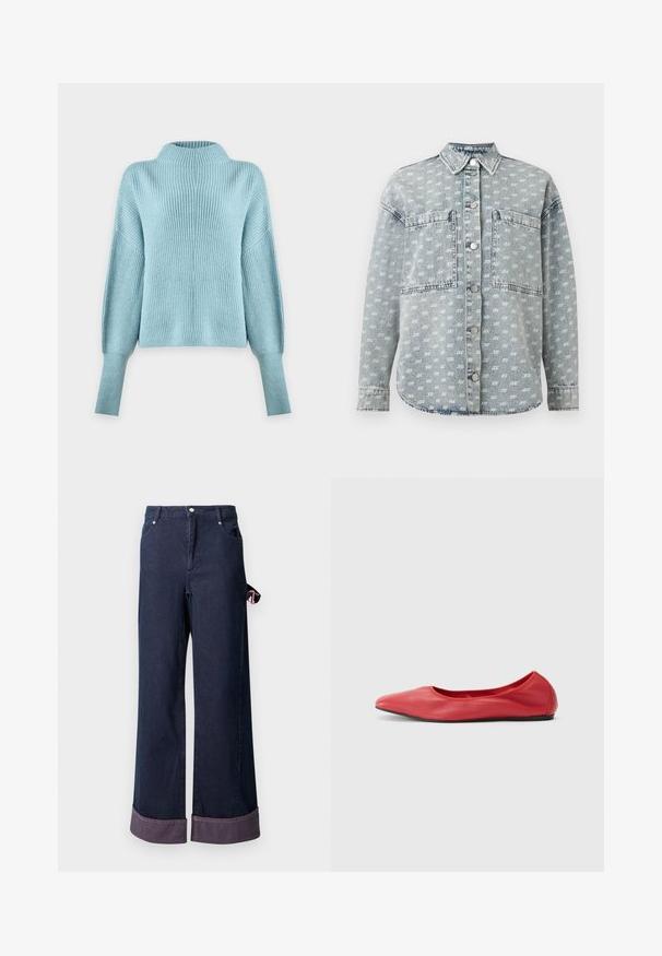 Pull tricoté bleu clair avec un col montant, des manches longues tombantes et une texture côtelée sur un fond blanc uni.; Chemise en jean bleu clair à boutons avec imprimé blanc « ax » partout, grandes poches poitrine, col et manches longues.; Pantalons en denim à jambes larges en coton bleu foncé avec un ourlet soigné, présentant une étiquette d'accent rose sur le côté et un design classique à cinq poches.; Filippa K REY FLATS - Ballerines - bright red
