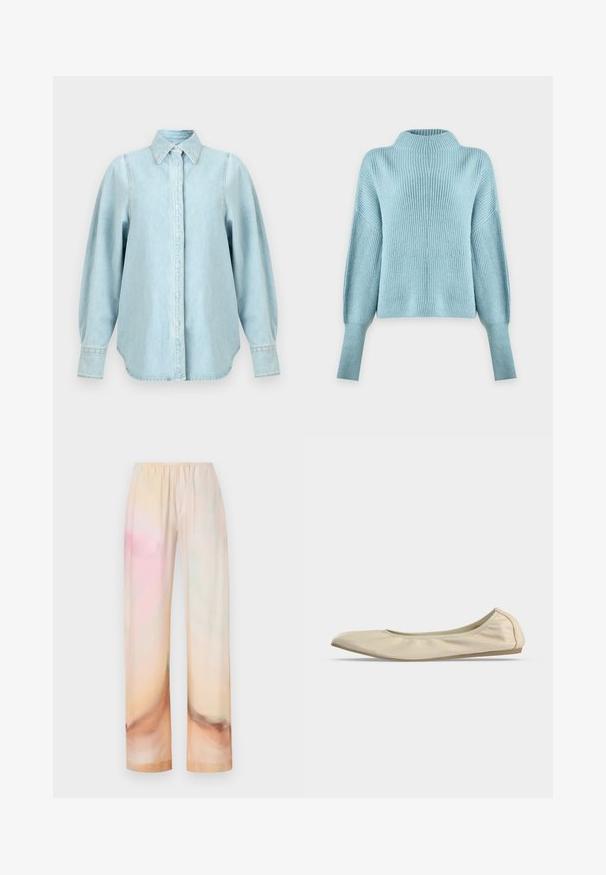 Pull tricoté bleu clair avec un col montant, des manches longues tombantes et une texture côtelée sur un fond blanc uni.; Chemise en denim bleu clair avec manches longues bouffantes, col pointu, poignets boutonnés et patte de boutonnage cachée à l'avant.; Pantalon en coton à coupe ample avec taille élastique dans un dégradé pastel doux de tons pêche, rose et crème.; Ballerine beige en cuir souple avec bout arrondi, profil latéral bas et semelle fine en caoutchouc sur fond blanc uni.