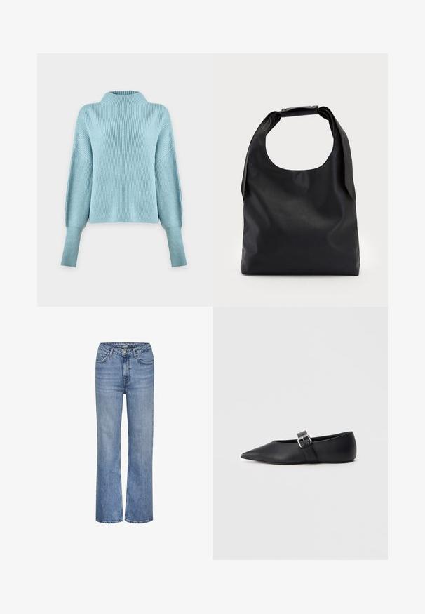 Lichtblauwe gebreide trui met hoge hals, lange afhangende mouwen en geribbelde structuur tegen een effen witte achtergrond.; Blauwe high-waisted straight-leg denim jeans met een knoop sluiting aan de voorkant, ritssluiting en vijf-pocket ontwerp.; Zwarte leren platte schoen met puntige neus en zijriem met gesp. Gladde textuur, minimalistisch ontwerp, laag profiel. Geschikt voor casual draagstijl.; Zwarte lederen handtas met een grote open bovenkant en een enkele schouderriem. Zachte textuur, minimalistisch ontwerp, met subtiele metalen accenten.