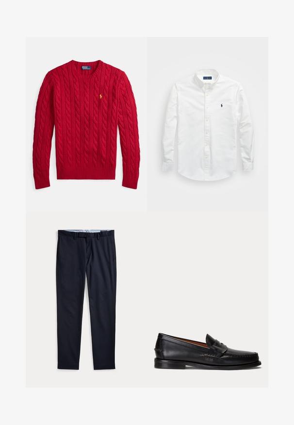 Rode kabelgebreide trui met ronde hals, lange mouwen, geribbelde manchetten en zoom, en een klein geel geborduurd logo op de linkerborst.; Witte button-up shirt van katoen. Voorzien van een puntige kraag, lange mouwen en een klein marineblauw logo op de borst. Gladde textuur.; Donkerblauwe herenkleedbroek met ceintuurlussen, ritssluiting en zijzakken, plat gelegd op een witte achtergrond.; Zwarte leren loafer met lage hak en penny-strap detail, van opzij getoond op een lichtgrijze achtergrond.