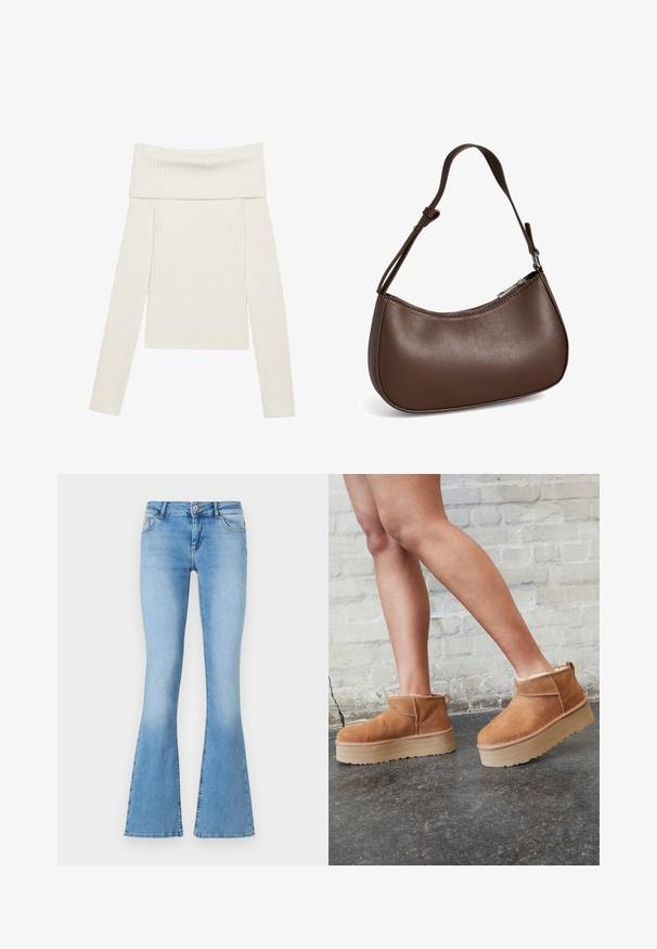 Crèmekleurige off-the-shoulder ribgebreide top met lange mouwen. Heeft een brede halslijn en een textiel met verticale lijnen. Cropped fit.; Lichtblauwe uitlopende jeans van denim met een middellange taille, voorzien van zijzakken en stiksels langs de naden en zoom.; Bruine suède enkelboots met een zachte voering, dikke beige plateauzool en een achterste lus. Getextureerde oppervlakte met zichtbare stiksels.; Kleine bruine leren schoudertas met verstelbare band en ritssluiting, getoond tegen een witte achtergrond. Geen zichtbaar merk of versieringen.