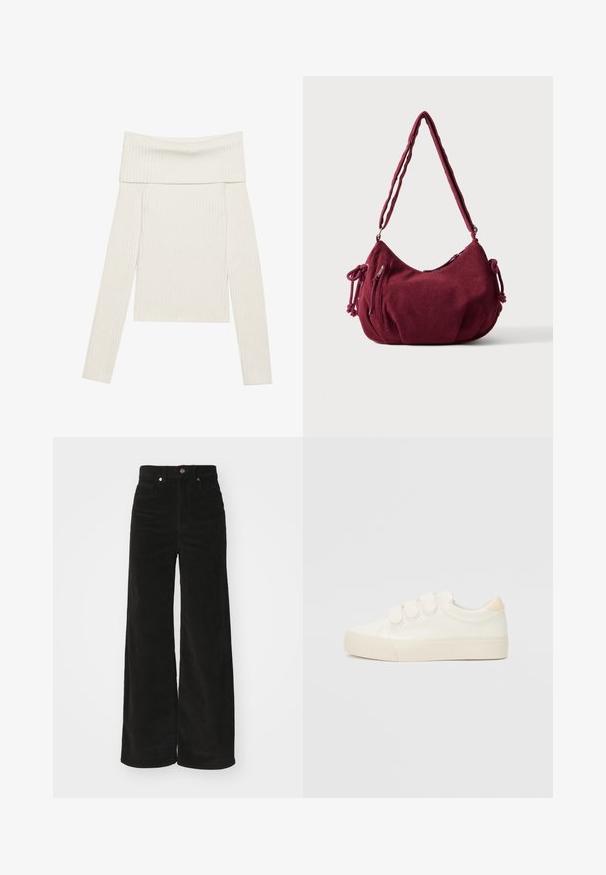 Off-shoulder ribbet langærmet top i creme. Har en bred halsudskæring og tekstureret stof med lodrette linjer. Kort pasform.; Sorte kordfløjl bredbenede bukser med høj talje, der har to forlommer og en metalknaplukning. Tekstureret stof med lodrette ribber.; Hvide sneakers med en glat læderlignende overdel, tre velcrostropper, rund tå og en tekstureret gummisål. Bagakcent i beige.; Blød bordeaux kordfløjls skuldertaske med justerbar rem, lynlås lukning, sidelommer med bindebånd og en front lynlåslomme.