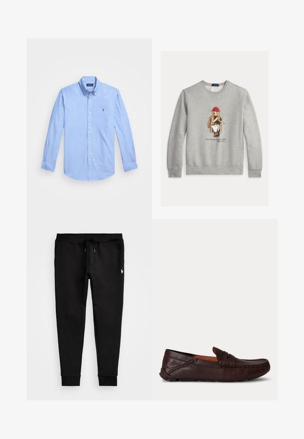 Grå sweatshirt med en farverig illustration af en bjørn iført kasket og arbejdstøj, med ribkanter ved ærmer og bund. Teksten "Polo Bear by Ralph Lauren" er inkluderet.; Blå og hvid stribet langærmet skjorte med knaplukning, spids krave og logoemblem på brystet. Bomuldsstof med glat tekstur.; Sorte sweatpants lavet af blød stof, med snoretræk i taljen, tætsiddende manchetter og et lille hvidt logo på venstre ben.; Mørkebrun læder herreloafer med syningsdetalje og gummisål vist fra siden på en ensfarvet baggrund.