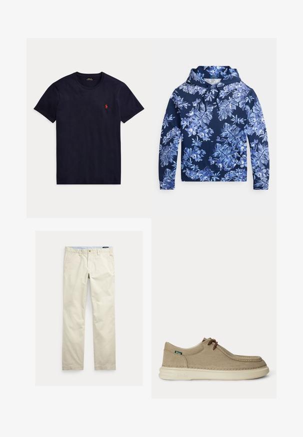 Marineblå hættetrøje med lyseblåt og hvidt tropisk blomsterprint, snøretræk i hætten, frontlomme og lange ærmer.; Marineblå t-shirt med korte ærmer og rund hals med lille rødt Polo Ralph Lauren-logo på venstre bryst.; Beige bomuld straight-leg bukser med bæltestropper, forreste knap, lynlås og sidelommer.; Beige afslappet snøresko med tekstureret stofoverdel, hvid gummisål og lille grøn Polo-mærkat på siden.