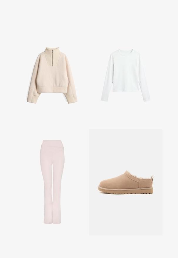 Fleece-Pullover in hellbeige mit hohem, geripptem Kragen und einem halben Reißverschluss. Hat ein strukturiertes Gewebe und einen verkürzten Schnitt mit gerippten Bündchen.; Schlichtes weißes Langarmshirt mit rundem Halsausschnitt, flach auf weißem Hintergrund dargestellt, keine sichtbaren Muster oder Logos.; Helle rosa, ausgestellte Hosen mit einem breiten Bund und glatter Textur. Sie verfügen über ein klares, schlankes Design ohne zusätzliche Verzierungen.; Beige Slip-on-Hausschuh mit weichem Wildleder-Außenmaterial, flauschigem weißem Fellfutter und Gummisohle mit Profil, seitlich dargestellt.