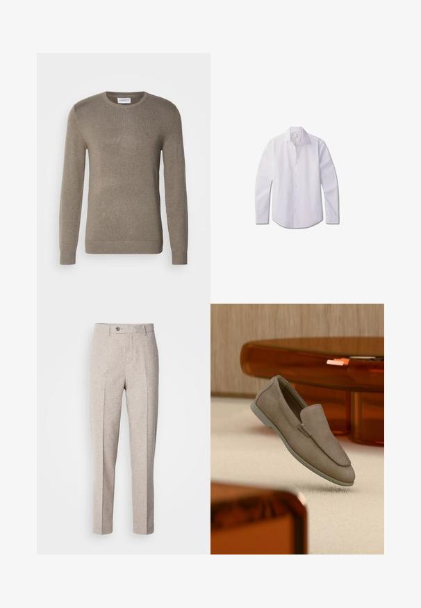 Khaki-farvet sweater lavet af blødt strikkemateriale, med rund halsudskæring, lange ærmer og en diskret broderet logo på brystet.; Hvid langærmet skjorte med knapper, lavet af glat stof, med klassisk krave, front med knapper og rundet kant.; Lys beige uldslynger med en glat tekstur, lige snit, frontfolder og en enkelt knaplukning i taljen.; Beige ruskind slip-on loafer med synlige syninger og lys sål, placeret over cremefarvet tæppe med orange gennemsigtigt møbel i baggrunden.
