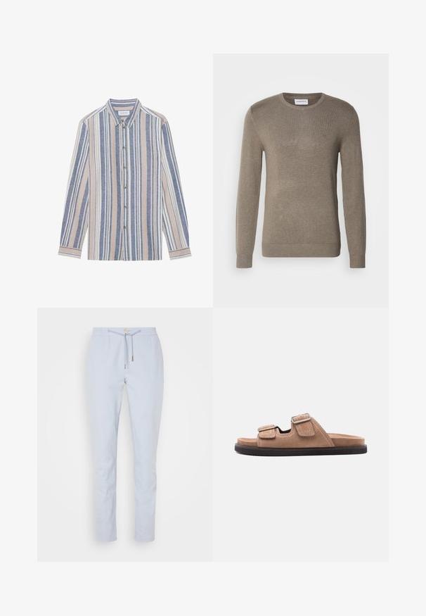 Pull en coton couleur khaki, fabriqué en maille douce, avec un col rond, des manches longues et un logo brodé subtil sur la poitrine.; Chemise à manches longues avec un col, ornée de rayures verticales bleues, beiges et blanches. Fabriquée dans un tissu texturé, avec un col et des boutons en métal.; Pantalons légers bleu clair avec une taille élastique, fermeture à cordon et un détail en bois avec un bouton; coupe droite.; Sandale à glissière en suède marron avec semelle noire, présentant deux brides ajustables avec boucles et détail de couture blanche, vue latérale sur fond blanc.