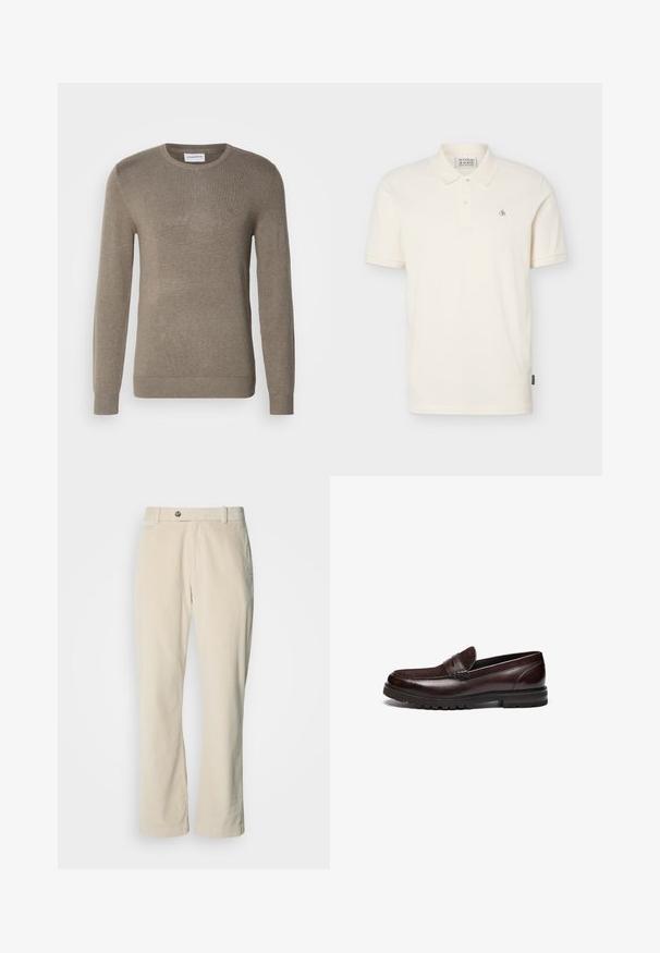 Pull en coton couleur khaki, fabriqué en maille douce, avec un col rond, des manches longues et un logo brodé subtil sur la poitrine.; Polo écru à manches courtes avec deux boutons, petit logo sur la poitrine gauche et col, présenté sur un fond uni.; Pantalon en velours côtelé beige avec fermeture à bouton et à fermeture éclair, passants de ceinture et coupe droite sur fond blanc.; Mocassins en cuir marron avec un accent en daim, bout rond et semelle en caoutchouc texturé. Dotés de détails cousus et d'un léger talon.