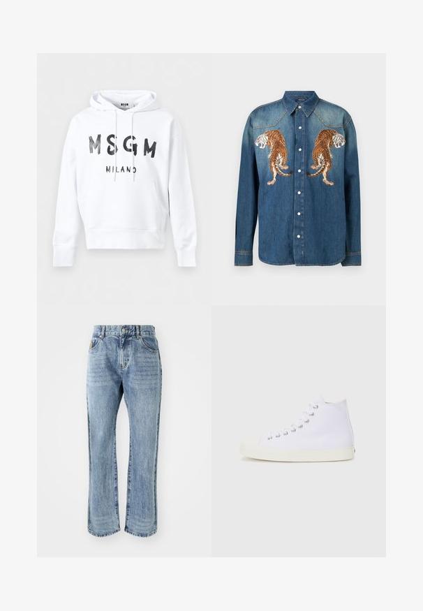 Witte capuchontrui met zwarte tekst "MSGM MILANO" aan de voorkant en een buidelzak ter hoogte van de taille.; Spijkerblouse met knopen, puntige kraag, lange mouwen en geborduurde spiegelbeeldige tijgers op de borst.; Billionaire Boys Club CASINO PANT - Straight leg jeans - light wash blue; Witte canvas hoge sneakers met ronde teen, metalen oogjes en crèmekleurige rubberen zool. Soepele textuur met minimale ontwerpelementen.