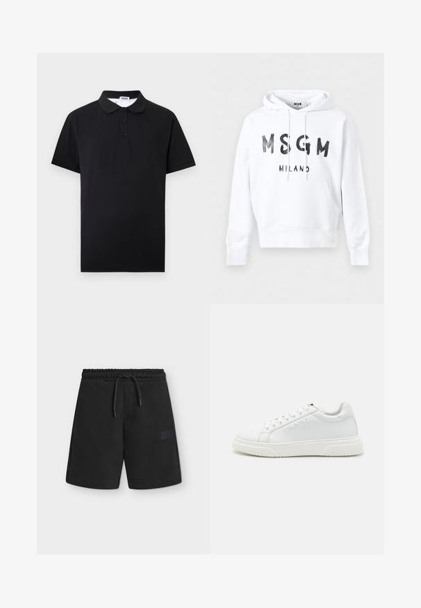 Λευκό φούτερ με κουκούλα, με μαύρο κείμενο "MSGM MILANO" στο μπροστινό μέρος και τσέπη καγκουρό στη μέση.; Μαύρο πουκάμισο πόλο με κοντά μανίκια, τρία κουμπιά και γιακά, με εμφανή ετικέτα της μάρκας Moschino στο εσωτερικό του λαιμού.; Μαύρα ελαστικά σορτς με κορδόνι στη μέση και διακριτική λεπτομέρεια με ταμπέλα στο δεξί πόδι σε λευκό φόντο.; Λευκά δερμάτινα παπούτσια αθλητικά με χαμηλό σχέδιο, διαθέτοντας τονικό ραφές και υφασμάτινη σόλα από καουτσούκ. Το λογότυπο είναι ανάγλυφο στη πλευρά.