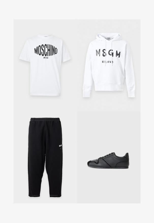 Λευκό φούτερ με κουκούλα, με μαύρο κείμενο "MSGM MILANO" στο μπροστινό μέρος και τσέπη καγκουρό στη μέση.; Λευκό βαμβακερό μπλουζάκι με μαύρο τύπωμα που αναγράφει "MOSCHINO" με έντονα γράμματα, και από κάτω "SINCE 1983", με σχέδιο λαιμόκοψης crew neck.; Μαύρη στενή φόρμα με ελαστική μέση, λευκή αντίθετη ραφή και μικρό λευκό λογότυπο "Moschino" στον πάνω μηρό.; Μαύρα αθλητικά παπούτσια με άνω μέρος από λείο δέρμα, διακριτικές υφασμάτινες λεπτομέρειες και αντίθετο καπάκι από μαύρη σουέτ στην μύτη. Διαθέτουν ελαστική σόλα.