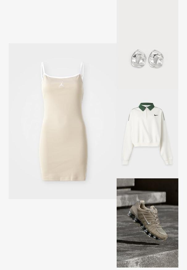 Hvid cropped sweatshirt med lange ærmer, grøn krave, lynlås foran, sort Nike Swoosh-logo på brystet og grønne skulderstriber.; Beige ærmeløs kjole med tynde stropper, ribbet tekstur og hvid kant. Har et lille logo i midten lige over brystet.; Beige atletiksko med sølvdetaljer og luftdæmpet sål, svævende over en betonflade med skygge nedenunder.; Sølv abstrakte stud øreringe med en poleret finish, der har glatte kurver og subtile konturer. Ingen synlige mønstre eller accenter.