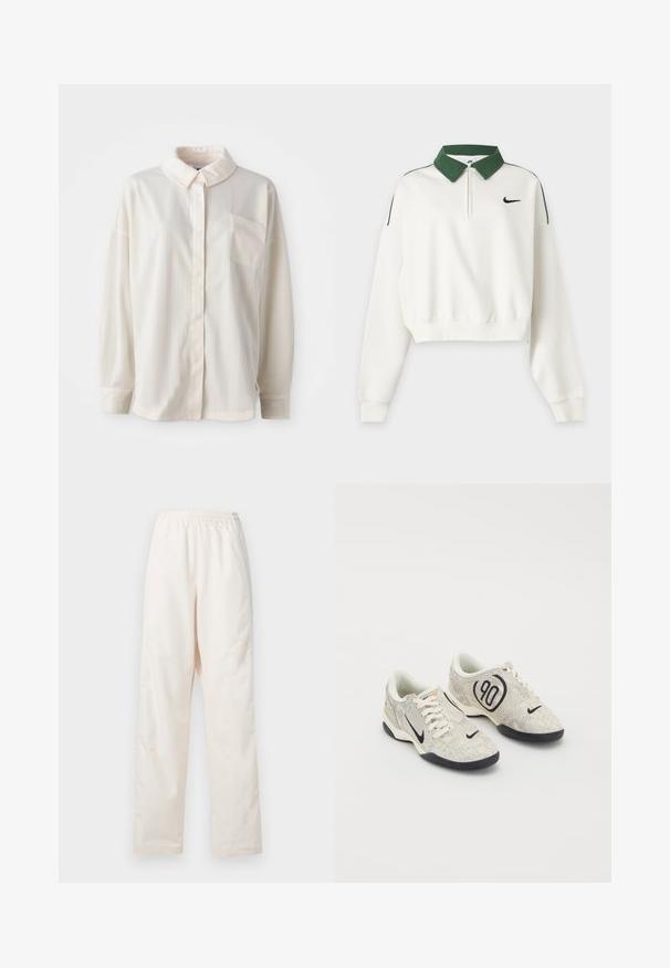 Sudadera corta blanca de manga larga con cuello verde, cremallera frontal, logo negro de Nike Swoosh en el pecho y franjas verdes en los hombros.; Camisa blanca de botones con cuellos, de rayas verticales, de manga larga, con un solo bolsillo en el pecho, hecha de una tela suave con una textura tacto agradable.; Pantalones de color crema con cintura elástica y corte de pierna recta, de ajuste suelto, exhibidos sobre un fondo blanco liso.; Zapatillas Nike con un upper texturizado en beige y gris, acentos negros, un gran logo de "90" y un cierre de cordones blancos. Suela negra.