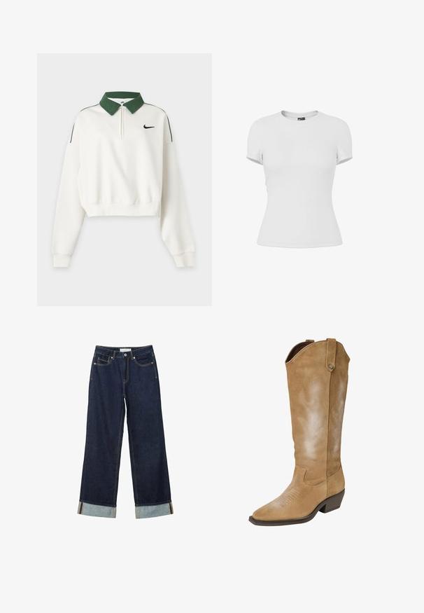 Sweat court blanc à manches longues avec col vert, fermeture éclair devant, logo Nike Swoosh noir sur la poitrine et bandes vertes aux épaules.; T-shirt ajusté blanc uni à manches courtes avec col rond, présenté sur un fond blanc.; Jean large bleu foncé à taille haute, avec des ourlets roulés, des coutures contrastées et un design à cinq poches. Fabriqué en tissu en denim.; Botte cowboy en daim beige avec un bout pointu, une hauteur jusqu'au genou, des motifs de flammes brodés décoratifs, et un talon bas empilé.