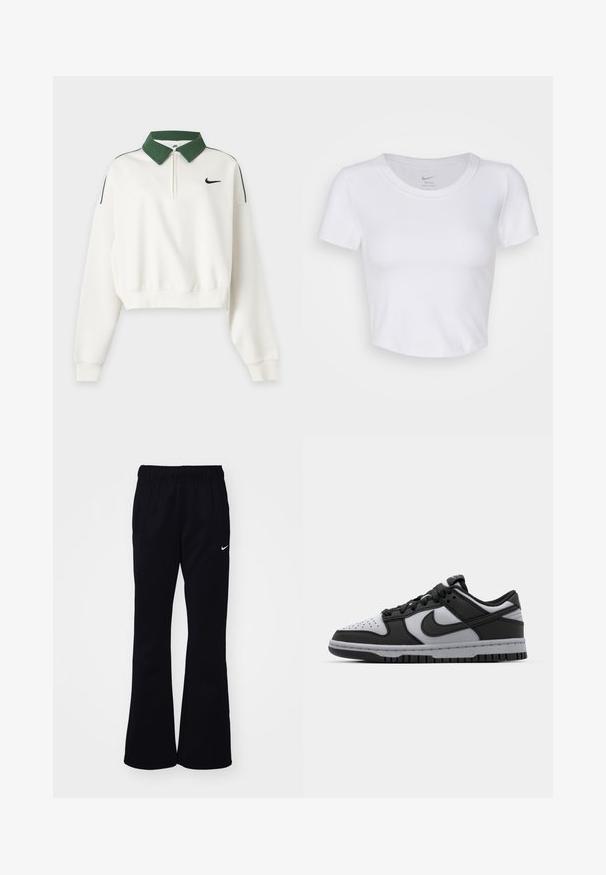 Sudadera corta blanca de manga larga con cuello verde, cremallera frontal, logo negro de Nike Swoosh en el pecho y franjas verdes en los hombros.; Top corto blanco de manga corta, hecho de material sintético suave. Cuenta con un escote redondo y el logo de Nike en el interior del cuello.; Pantalones de chándal negros con una cinturilla elástica, perneras acampanadas, dos bolsillos laterales y un logo de Nike en blanco en el lado izquierdo.; Zapatillas bajas Nike Dunk en negro y gris, con punta perforada, detalles en cuero liso y suela de goma que presenta un patrón de tracción texturizado.