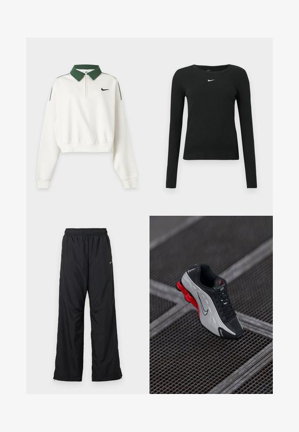 Witte cropped sweatshirt met lange mouwen, groene kraag, rits aan de voorkant, zwart Nike Swoosh-logo op de borst en groene schouderstrepen.; Zwart nauwsluitend top met lange mouwen van geribbelde stof, met een ronde halslijn en een subtiel wit Nike-logo op de borst.; Zwarte sportbroek met een elastische tailleband, zijzakken en een losse pasvorm. Gemaakt van lichtgewicht, gladde stof met een subtiele glans.; Zwarte en grijze sportieve schoen met een rode dempende zool, zwarte veters en een swoosh-logo, rustend op een metalen rasteroppervlak.