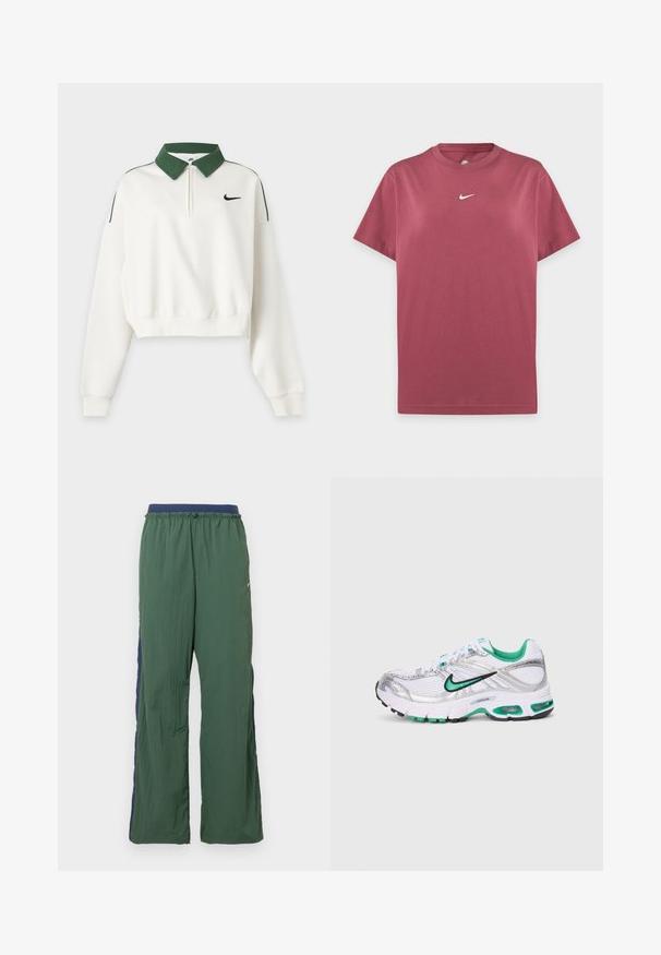Valge lühendatud pikkade varrukatega pusa rohelise kraega, esiosas tõmblukk, rinnal must Nike Swoosh logo ja rohelised õlajooned.; Lihtne burgundia värvi lühikeste varrukatega Nike t-särk, ümara kaelusega ja väikese valge Nike Swooshi logoga rinnal keskel.; Rohelised spordipüksid laia sääre disainiga, millel on tumesinine vöökoht ja külgpaneel, valmistatud kergest, tekstuuriga kangast.; Nike jooksujalats valges, hõbedases ja rohelises. Omab võrgu- ja sünteetilisi materjale, pehmendatud krae ning pehmendatud talla nähtavate õhuühikutega.