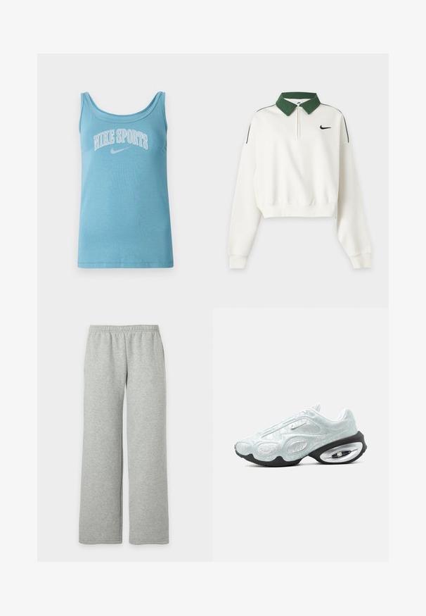 Hvid cropped sweatshirt med lange ærmer, grøn krave, lynlås foran, sort Nike Swoosh-logo på brystet og grønne skulderstriber.; Lysblå atletisk tanktop med bred rund hals, ærmeløst design og "NIKE SPORTS" trykt på brystet i hvid. Blødt bomuldsstof.; Lysegrå joggingbukser med elastisk talje og brede, lige ben, vist på en ensfarvet hvid baggrund.; Hvid og lysegrå Nike-sneaker med tekstureret overdel, sort sål og synlig luftdæmpning i hælen, vist i sideprofil.