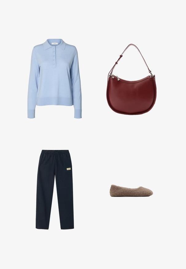 Polo en maille bleu clair à manches longues avec cinq boutons sur le devant, un col classique et des poignets et un bas en côtes.; Pantalon de survêtement bleu marine avec une taille élastique, des jambes fuselées et un logo jaune sur la cuisse gauche ; fabriqué en matière douce mélange de coton.; Ballet flat marron doublé en polaire avec un bout rond. Texture douce et design sans coutures, offrant une silhouette discrète. Pas de quincaillerie visible.; Sac bandoulière en cuir bordeaux à la forme arrondie, avec une sangle réglable et des accessoires en métal argenté. Texture lisse, détails de couture minimalistes.