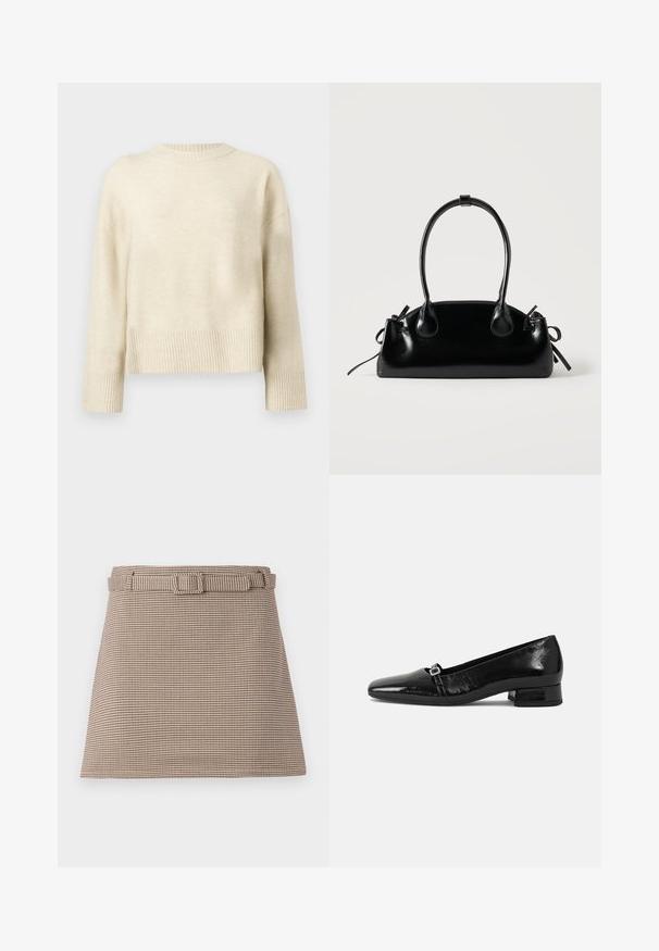 Cremefarvet strikket sweater med lange ærmer, ribbede manchetter, kant og rund halsudskæring, præsenteret på en ensfarvet baggrund.; Brune og beige houndstooth-mønstrede shorts med bælte i taljen og rene linjer, skræddersyet struktur og glat stofstruktur.; Sorte patentlæder balletflade med spids tå, lav firkantet hæl og en lille metallisk spænde detalje på remmen. Glat tekstur.; Lille sort blank håndtaske med to lange håndtag og snøre-detaljer i siden på en ensfarvet lys baggrund.