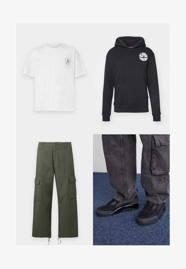 Sort hættebluse lavet af en bomuldsblanding. Har en front-kangaroo lomme, logo i hvidt på venstre bryst og ribbede ærmer og kant.; Hvid bomulds t-shirt med rund halsudskæring, korte ærmer og et cirkulært sort grafisk motiv med en karakter på venstre bryst.; Olivengrønne cargobukser med sidelommer med klap, knaplukning, bæltestropper og justerbare snore i de brede bukseben.; Sorte sportsko med en struktureret overflade, glatte detaljer og en kraftig sål, der er parret med mørke, løstsiddende cargo-bukser.