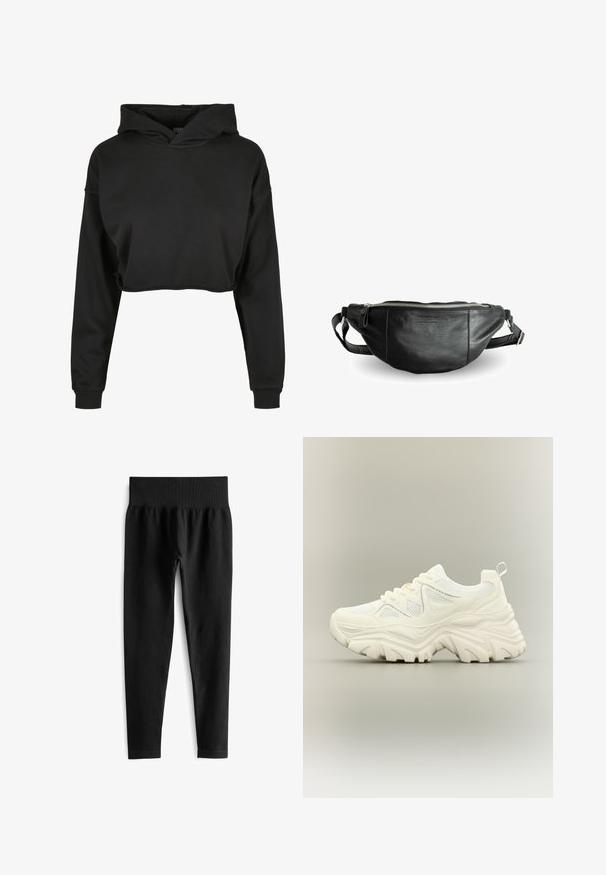 Sort cropped hoodie lavet af blødt stof med snoretræk i hætten, lange ærmer og ribbede manchetter, med et rent, enkelt design.; Sorte ribbede leggings med en bred elastisk talje, der har en tætsiddende silhuet og en glat tekstur. Ingen synlig hardware eller mønstre.; Hvid chunky sneaker med tyk tekstureret sål, mesh paneler, snørelukning foran og trækstrop ved hælen på en neutral baggrund.; Still Nordic BASIC - Bæltetasker - black