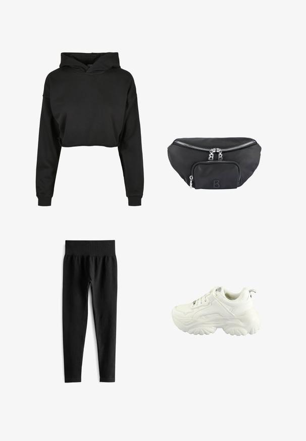Sort cropped hoodie lavet af blødt stof med snoretræk i hætten, lange ærmer og ribbede manchetter, med et rent, enkelt design.; Sorte ribbede leggings med en bred elastisk talje, der har en tætsiddende silhuet og en glat tekstur. Ingen synlig hardware eller mønstre.; Hvide sneakers med et chunky design, glat syntetisk overdel, polstret krave og tekstureret gummisål med et diamantmønster.; Sort nylon bæltetaske med et hovedrum og en frontlomme, udstyret med sølvfarvede lynlåse og et forhøjet "B" logo.