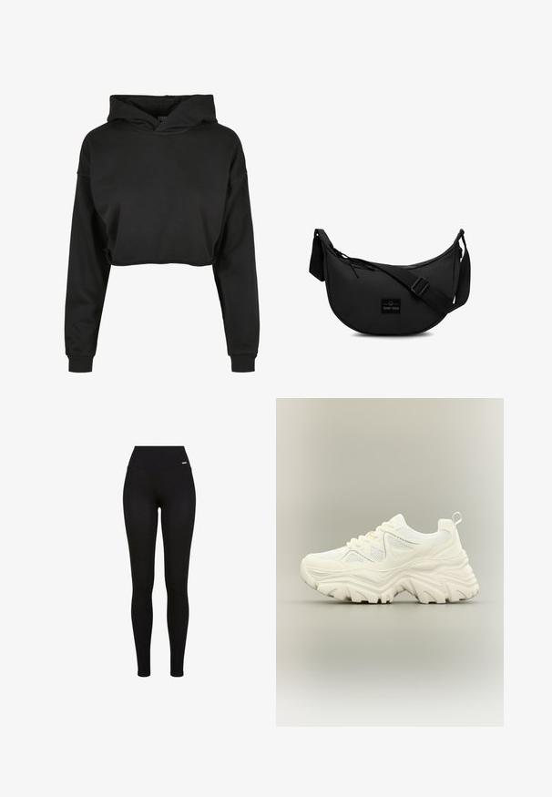 Sudadera recortada negra de tela suave que cuenta con capucha con cordón, mangas largas y puños acanalados, con un diseño limpio y sencillo.; Leggings negros con una cintura alta, tejido elástico, textura suave y un diseño ajustado, aptos para uso casual o deportivo.; Zapatilla blanca gruesa con suela gruesa y texturizada, paneles de malla, cierre de cordones en la parte delantera y tira en el talón sobre un fondo neutro.; Bolso bandolera negro fabricado en tejido duradero, con forma redondeada, correa ajustable y un parche con el logotipo en la parte delantera.