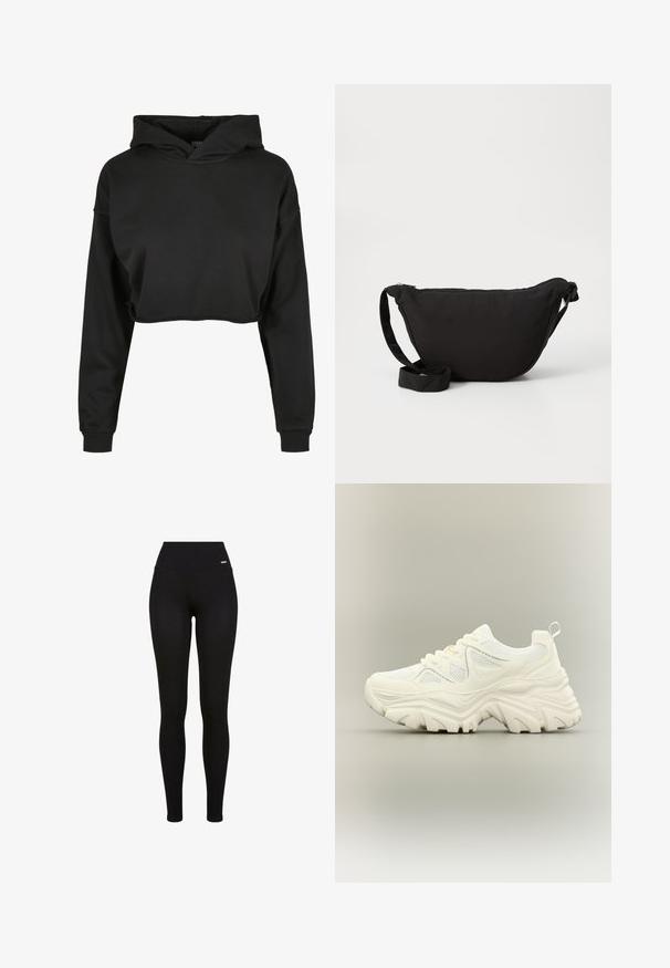 Zwarte cropped hoodie van zachte stof met een capuchon met trekkoord, lange mouwen en geribbelde manchetten, met een schone, eenvoudige uitstraling.; Zwarte leggings met een hoge tailleband, rekbaar materiaal, een soepele textuur en een pasvorm die geschikt is voor casual of sportieve kleding.; Witte chunky sneaker met dikke textuurrijke zool, mesh panelen, veters aan de voorkant en een treklipje aan de hiel op een neutrale achtergrond.; Zwarte hobo tas gemaakt van zachte stof, met een gebogen vorm, een ritssluiting en een brede verstelbare schouderriem. Glad van structuur zonder patronen.